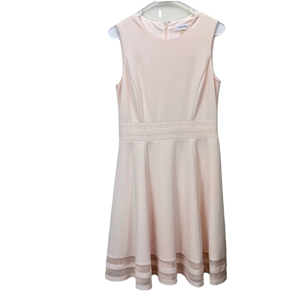 Calvin Klein Blush Pink Mesh Illusion Hem Fit Flare Stretch Sleeveless Dress 14 - Picture 3 of 12